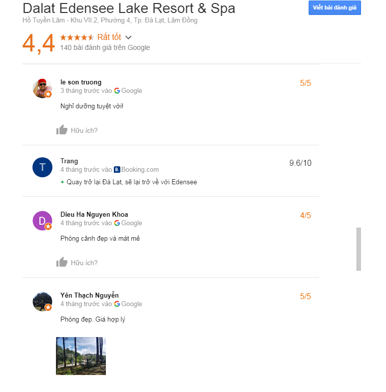 bảng đánh giá của khách hàng về khách sạn