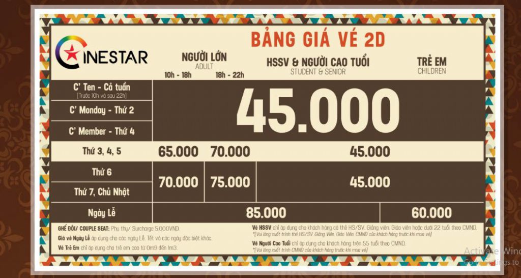 Giá vé 2D tại rạp chiếu phim CineStar Đà Lạt